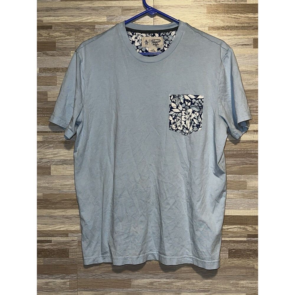 Penguin Short Sleeve T Shirt Mens Size Lrg Blue Floral Crew Neck Pullover #470
